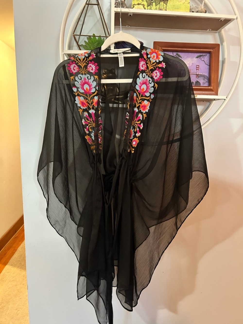 BCBGeneration Women's One Size Black Embroidered Tie Mesh Kimono Sheer Cover Up